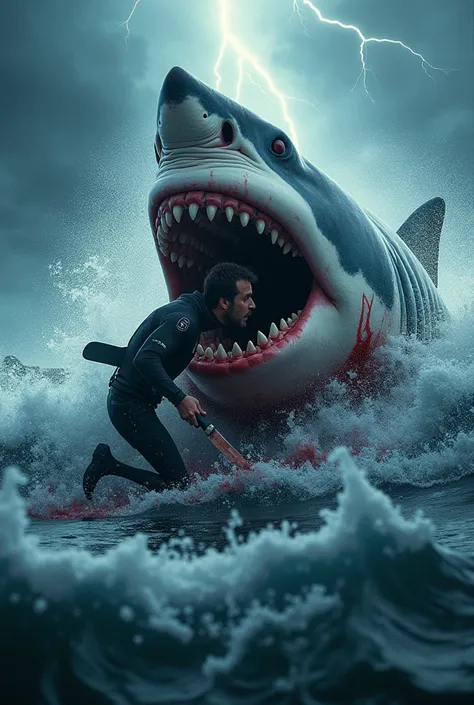 Amid a stormy sea, a terrifying battle erupts between man and nature’s most feared predator. A massive great white shark explode...