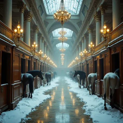 top-down view, grand Paris Opera House hall, transformed into horse stables, elegant wooden stalls filled with horses, snow-cove...