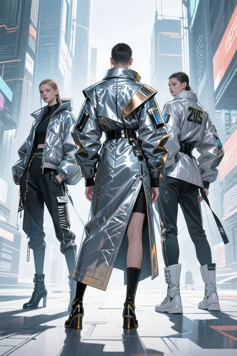 Create a clothing collection according to the trends of 2025( outerwear ) in drawn, so that the front view of all models is, fro...