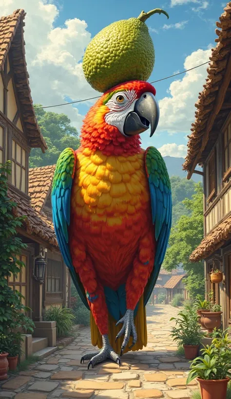 A parrot walks down a village street with a jackfruit in its hed.  The parrot's size will be as big as a human. 