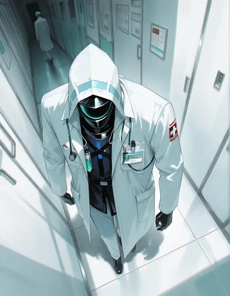 a man, He is doctor, He is walking down the hospital corridor, He is wearing lab coats, dutch angle shot, high position, medium ...