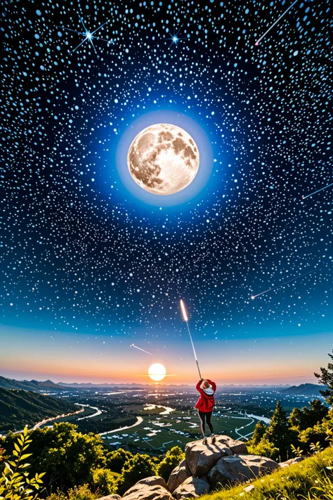  Compa、 realistic、Fantastic Scenery、 at noon、starry sky、 Huge Moon、Clear air、Highest Quality、masterpiece