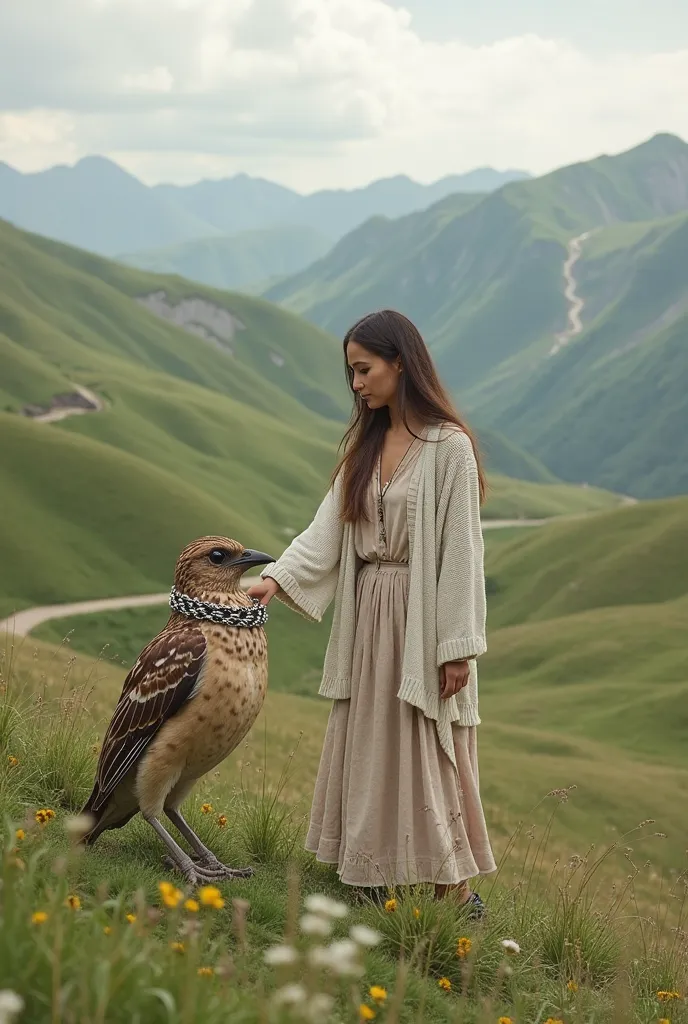 A woman wearing a light cardigan and flowy skirt is standing on a grassy hillside dotted with wildflowers, gently resting her ha...
