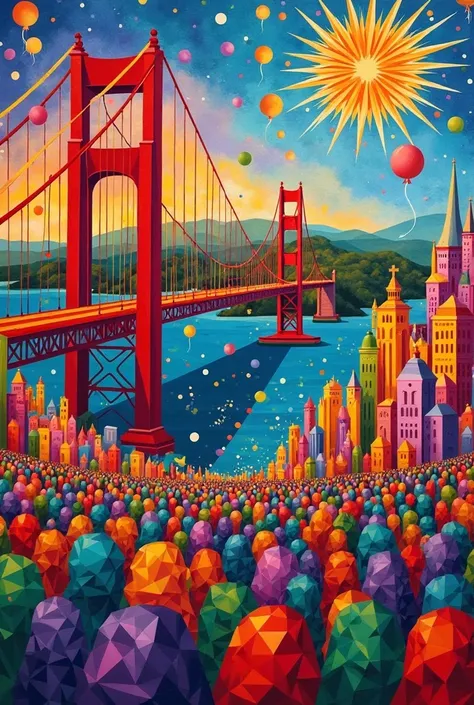 San Francisco in a vibrant cubist style during a Catholic Jubilee celebration. The Golden Gate Bridge appears fragmented into bo...