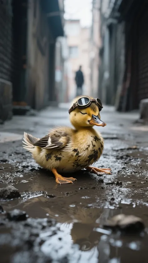 Milo, a hyper-realistic small duckling standing upright like a , now lying motionless on the muddy ground. His golden feathers a...