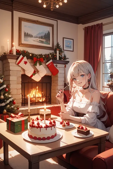 Living room at home、small Christmas party for two、arrange meals on the table、put candles on the cake、Dim the lights、the fireplac...