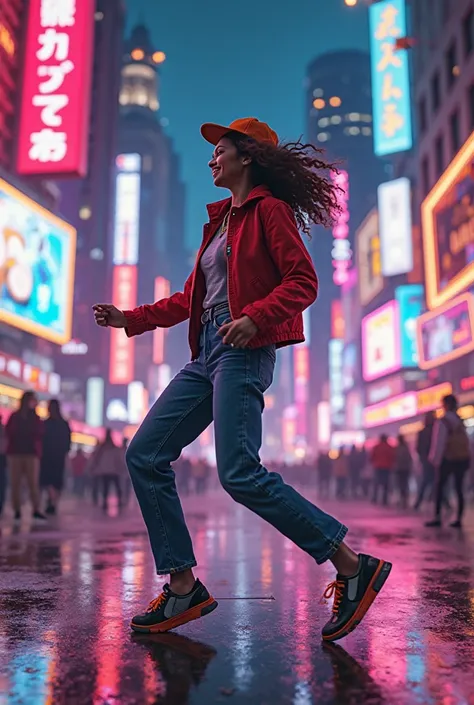 Pretty woman dancing hip hop over the city's neon light 