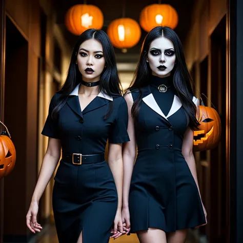 Two East-Asian girls in ornate dark navy sailor uniforms stand beneath glowing Halloween lanterns in a dimly lit corridor. Their...