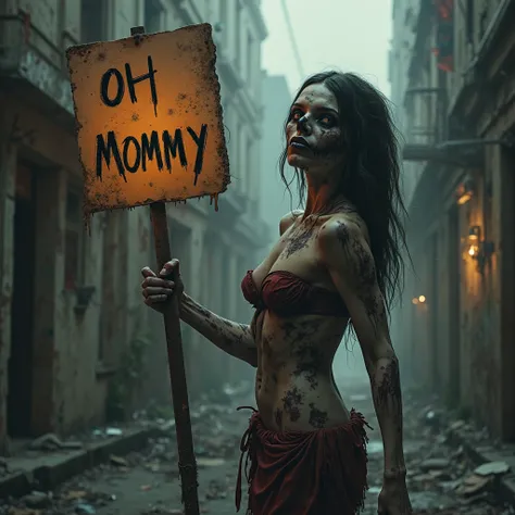 Make me a picture of a sexy zombie holding up a sign. The sign should say Oh Mommy. The picture should be in a realistic style, ...