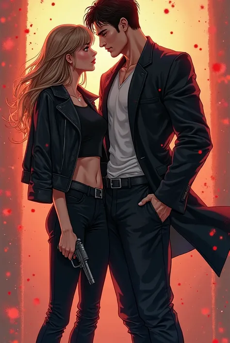 generate an image of an enemy romance. an image that represents characters. a woman with light brown hair and a man with black h...