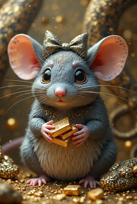 A big fat mouse with a bright glitter face  .mysterious black eyes gray skin, big ears with bow. Sitting around all gold and sil...