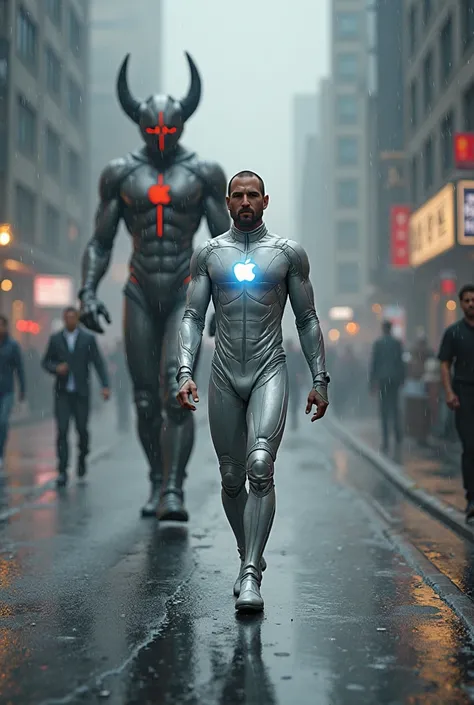 Apple – Steve Jobs
A powerful tech superhero in a sleek silver-white nano suit with glowing Apple logos, walking confidently thr...