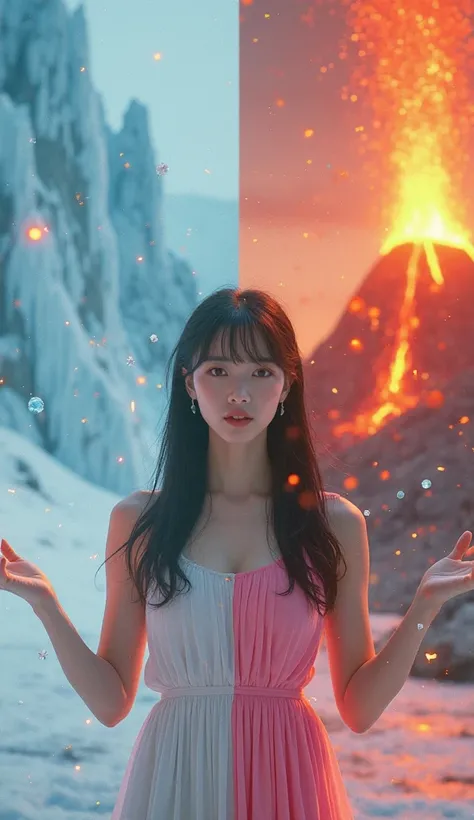 
split phography style, hyper ultra reality 3D, beautiful Korean woman with long hair and bangs, green cornea, wearing a long sl...