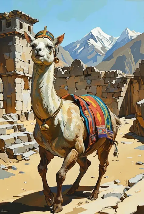 funny caricature, silly llama character, peruvian ethnicity, , aloof, curious, dramatic, long neck with exaggerated fluffy fur a...