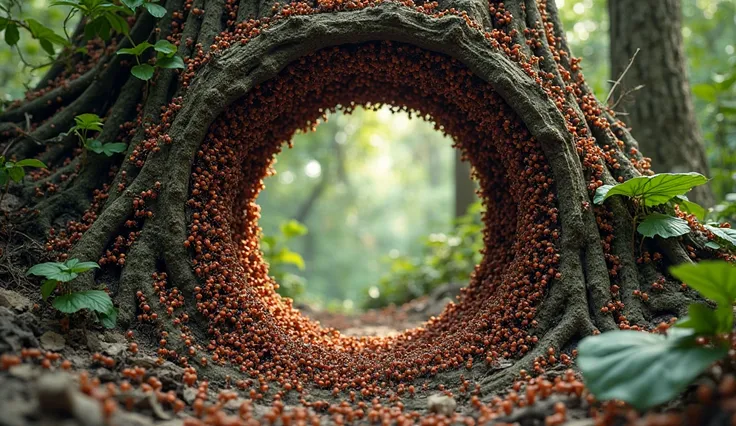 A large, intricate ant colony nest, composed of countless reddish-brown ants, forms a natural archway.  The nest structure arche...