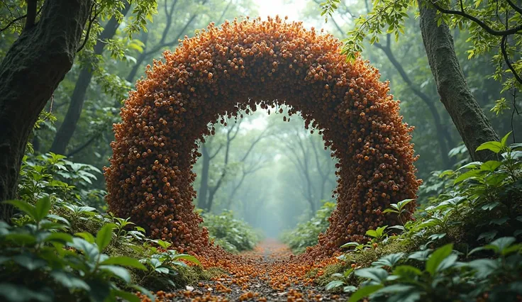 Massive ant colony nest, arching over a forest floor opening, detailed view, dense cluster of orange-brown ants forming a large,...