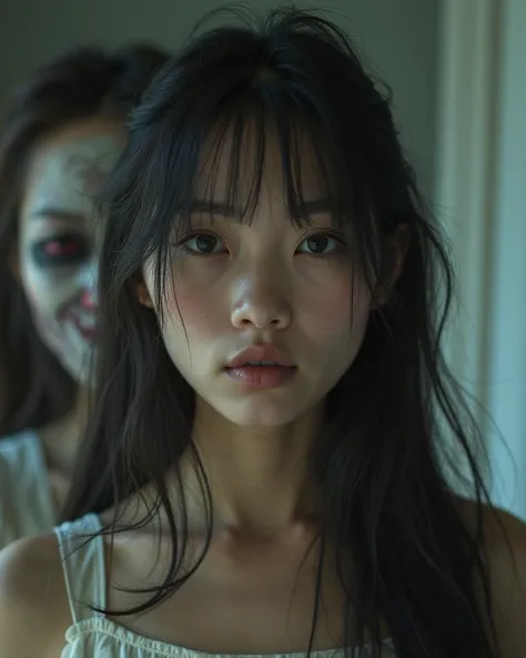 Demons in realistic selfies
   "A normal selfie of a young woman, but with a demonic face blurred behind her shoulder, realistic...