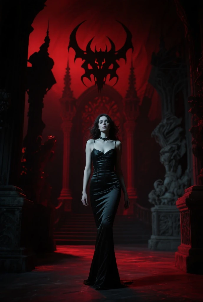 A French woman in a tube dress against the background of a palace of Infernalism