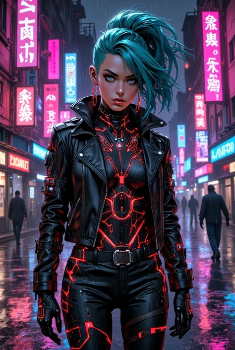 a highly detailed illustration of, a cyberpunk woman with neon blue hair and glowing cybernetic implants, wearing a sleek black ...
