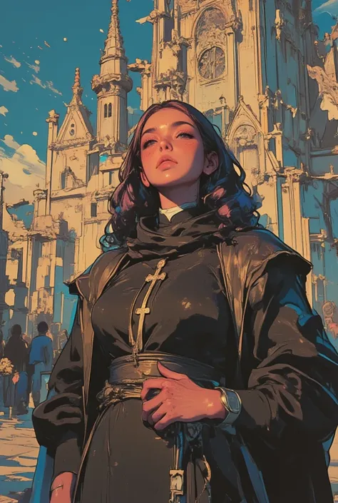 Female Priest,  black robe, Older, handsome gentleman, Big Breasts, brown hair,  cross necklace ,  religion, The church in the b...