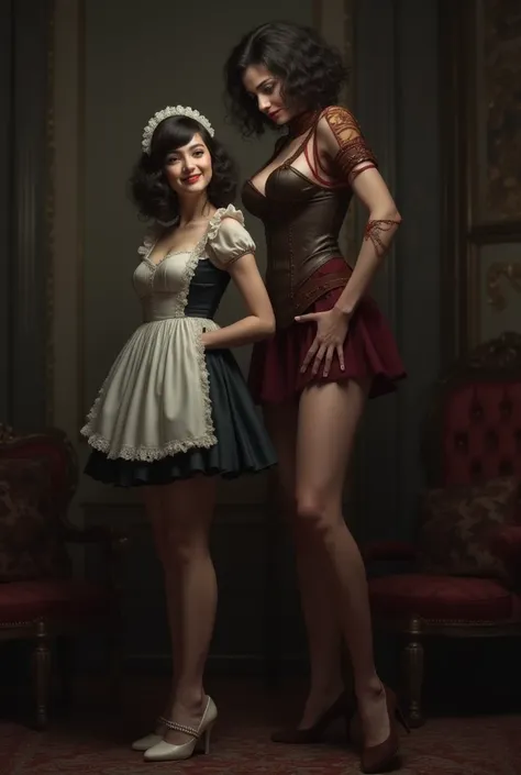 A short sniling maid hypnotizing a tall sleepy dominatrix