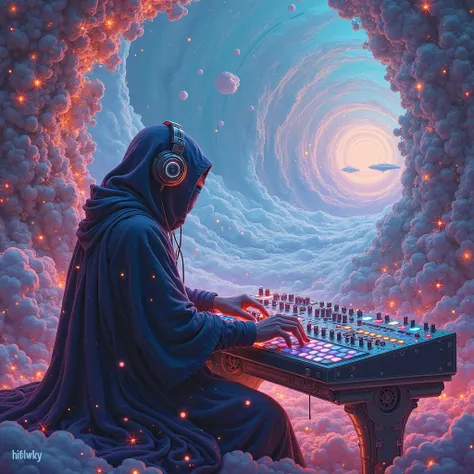 Create colorful and different scenery, create wizard object with headphones and soundboard ,  create the text  (HITLWKY) At the ...