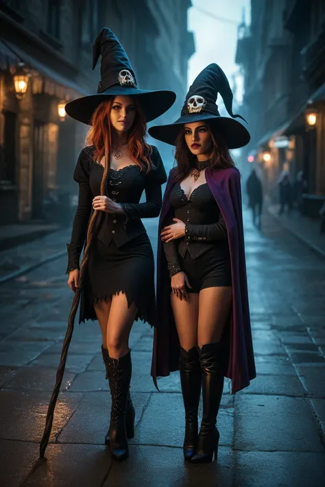 The evolved Clash Royale Witch, a spectral sorceress, stands on a neon-lit city street. Her vibrant purple cloak, tattered and a...