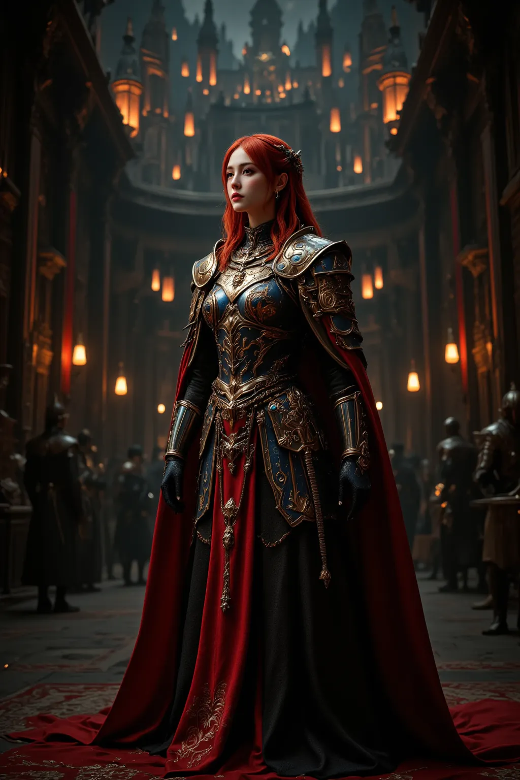 standing of a woman in a medieval paladin dress with colored hair, medieval city in the background of the castle, colorful and d...