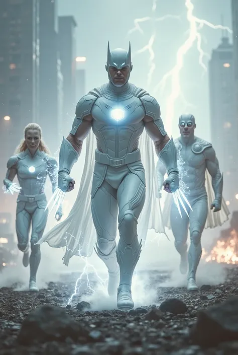 Epic cinematic scene featuring five iconic superheroes reimagined in all-white futuristic armor and glowing accents:

1. White W...
