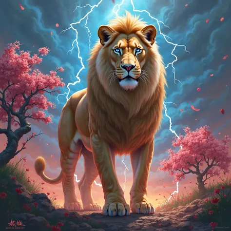 A lioness blue eyes a Hawaiian flower. An anarchic landscape of fire, red, blue lightning and sparkling light a sakura tree