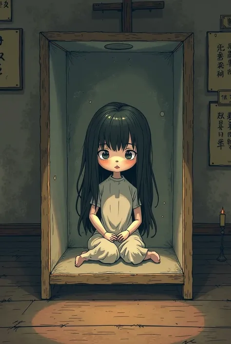 This artwork is illustrated in a dark cartoon horror style inspired by Japanese folklore. It depicts a haunted doll with long, u...