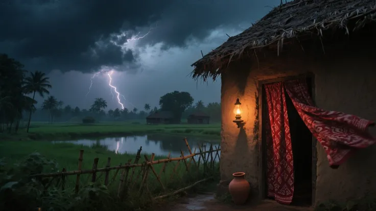 A dramatic rural Bengali village scene at dusk, with dark ominous clouds gathering in the sky, casting an eerie shadow over scat...