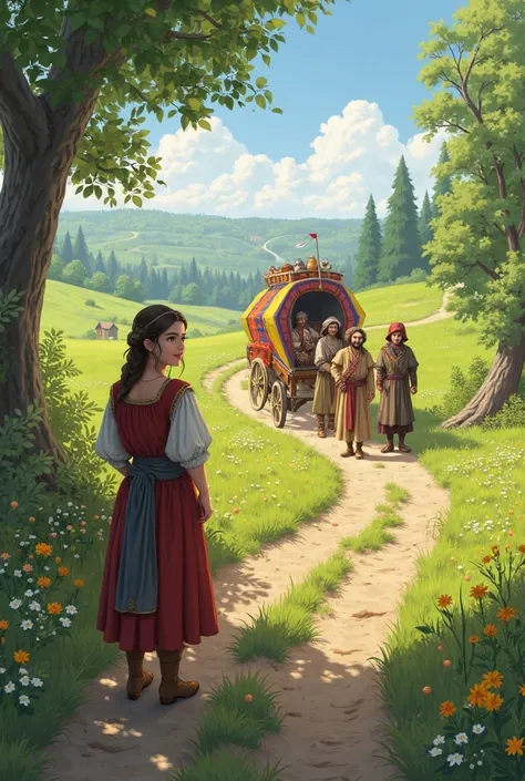 Medieval Aesthetics , A meadow, a dirt road in the middle, a commercial caravan with several male villagers smiling, in front of...
