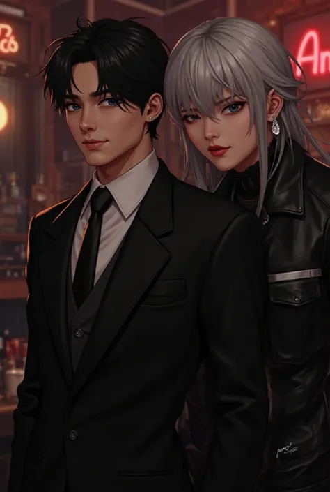 I need you to generate an image of Kim Taehyung in a black suit and an enigmatic smile next to Min Yoongi. wearing a black leath...
