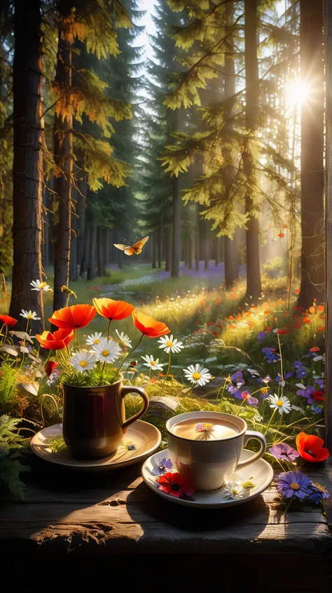 A morning scene in an enchanting forest, with soft, golden sunlight streaming through tall trees. In the foreground, two ceramic...
