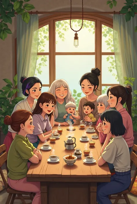 "A cozy and charming Studio Ghibli-style scene of a warm café interior. In the center, a rustic wooden table with steaming cups ...