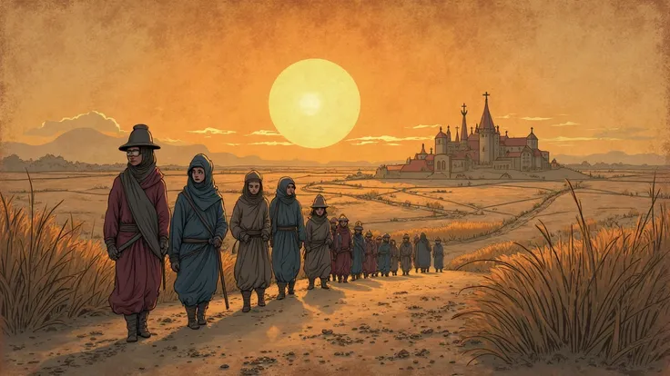 Prompt 10: "The street fills with villagers trudging toward distant shimmering brick fields beneath a rising sun, the air thick ...