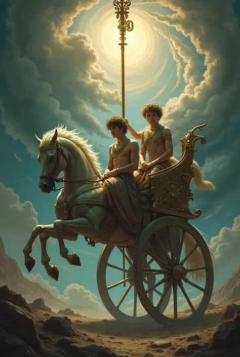
draw a picture where the hanged man from the tarot deck rides on a chariot from the tarot card