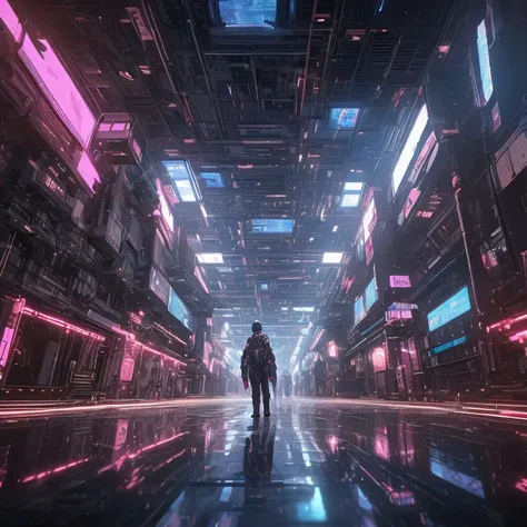 Cyberpunk World　Different space　It's like the inside of a compactor　Mainstream of Light　010101　masterpeace 4k  8k　realistic　レーザー
