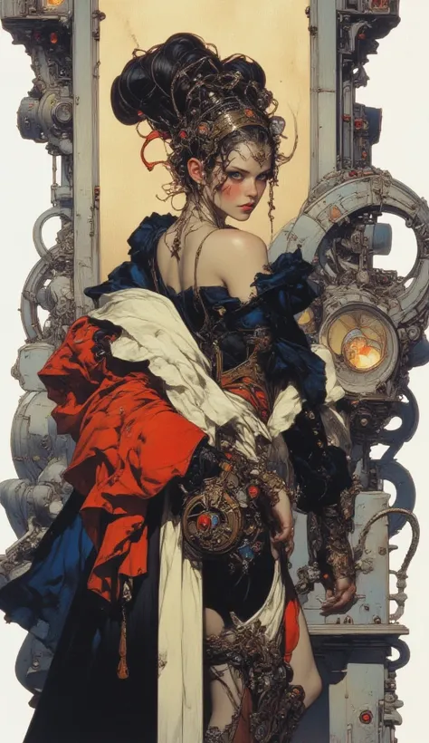 ((Jane Grey - Steampunk ))  A beautiful woman ,  dresses. Curvy，Big butt，White-toned mechanical oil painting ,  creates a myster...