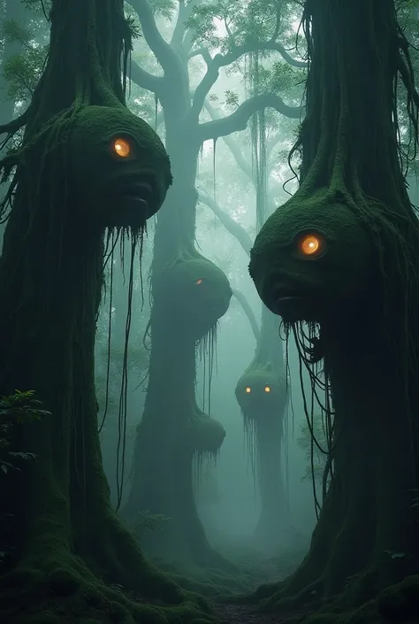 "A dark, mystical section of the Amazon rainforest shrouded in thick fog — towering ancient trees with hanging vine-covered pods...