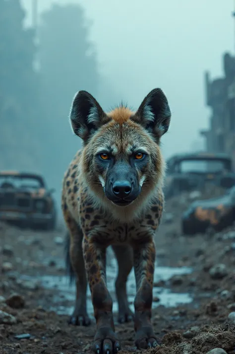 Dark apocalyptic landscape with shades of blue and a realistic hyena looking at the spectator.  In the background wrecked cars a...