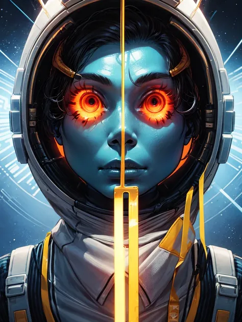 Score_9, score_8_up, score_7_up, 1girl, alien race, slender body, sci-fi costume, dark hair, blue skin