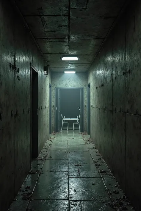 Hallway to the bunker. Table and chairs in a separate room.  no people. door
