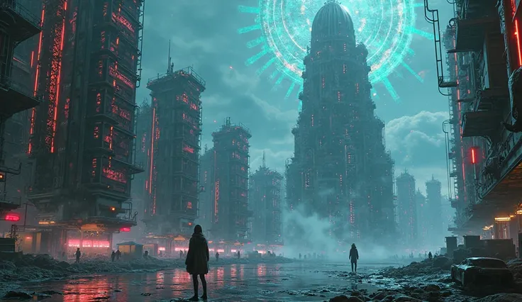 "Visualize a surreal, high-tech virtual cityscape where Fenja Lorenz, a digital hacker, meets the digital simulation of the Arch...
