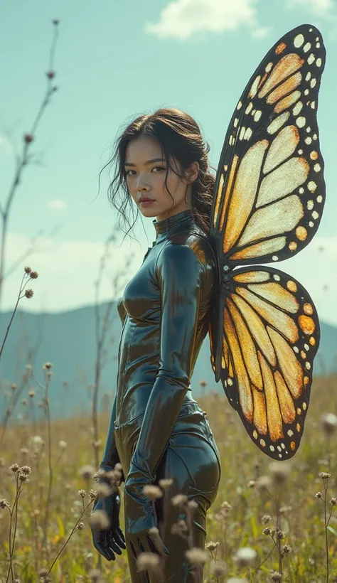 A girl wearing a butterfly-like plug suit、Detailed skin、Actual item、grassland、photograph、((Big butterfly wings))、((Ancient Techn...