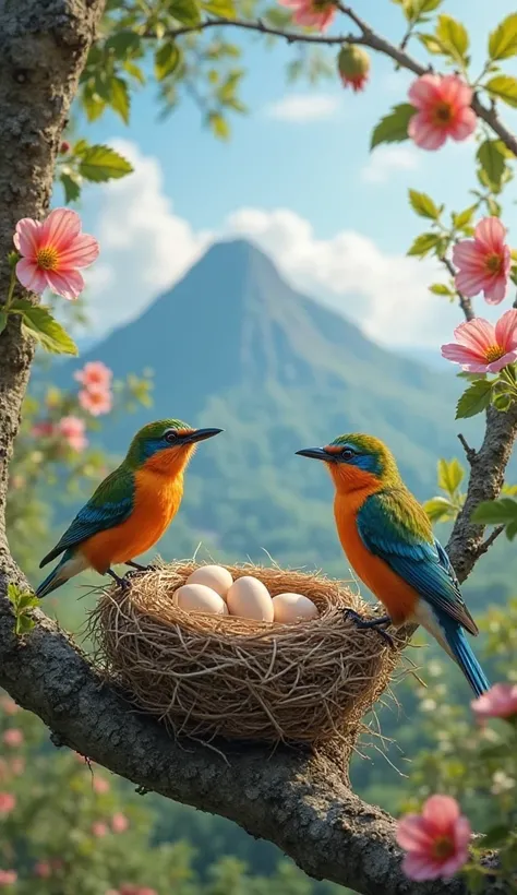 image with a very beautiful natural landscape design, a pair of very small and beautiful birds with colorful feathers are perche...