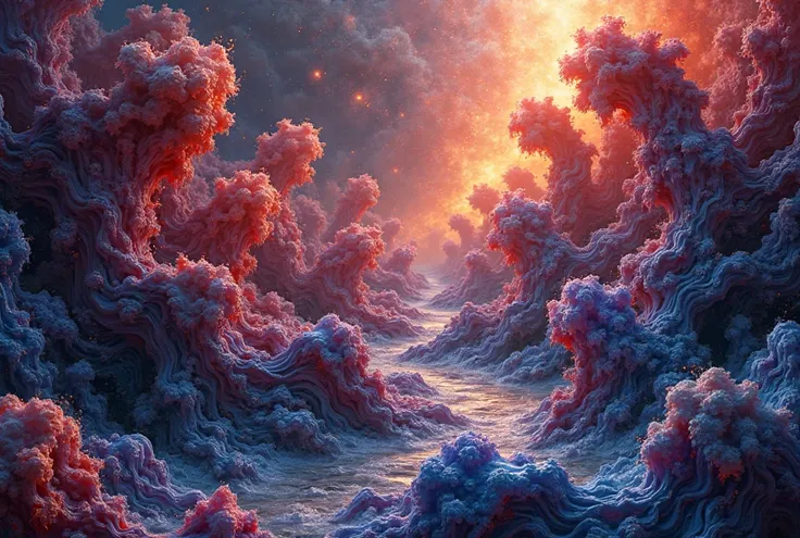 A surreal abstract fractal artwork featuring flowing, organic shapes that resemble fluid waves, alien coral, and nebula-like for...