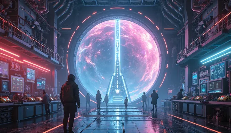 “A 2030 quantum lab, massive portal to a neon multiverse, drones scan alien terrain, ultra-realistic, 4K.”

