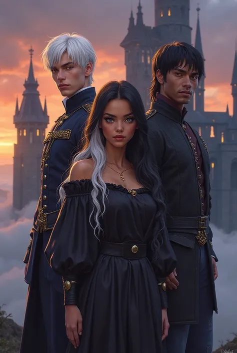 Beautiful girl with hair*Description for personalized image:*

Three characters pose in front of a castle at dusk:

1. *White-ha...